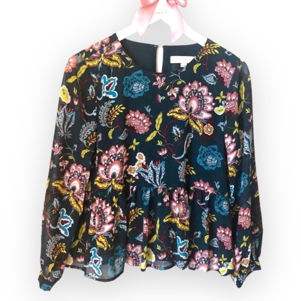 LOFT Blouse Blue Floral Babydoll Peplum Sheer Longsleeve Top Small Petite